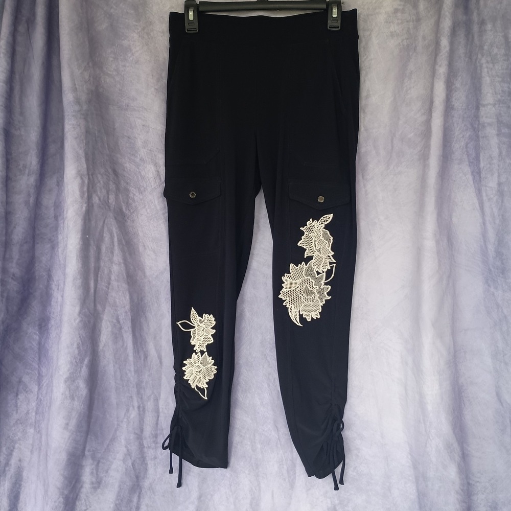 White House Black Market Straight Crop Floral Embroidered Cargo Pants